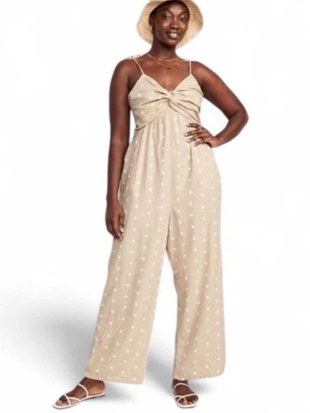 Old Navy Tan Polka Dot Wide Leg Crop Linen Blend Jumpsuit large